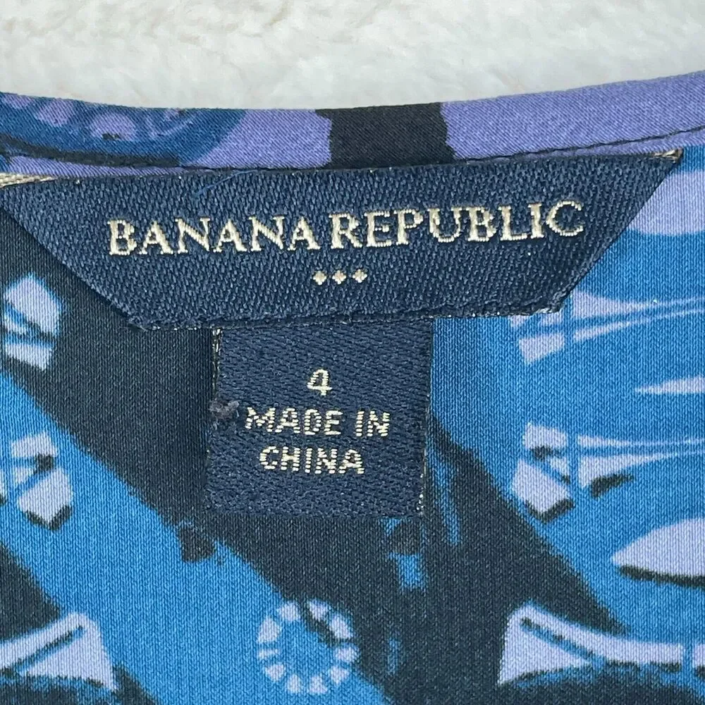 Banana Republic Dress Womens 4 Blue Paisley Sleeveless Gathered Waist Ruffle - Picture 3 of 15